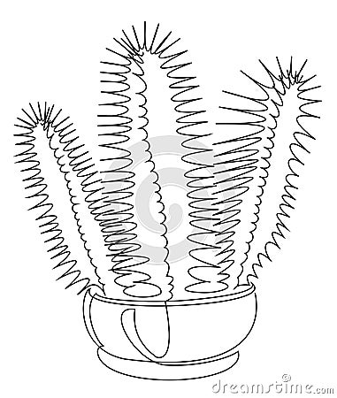 Cactus cereus dark three-stem. Indoor potted plant in modern trendy single line style. Solid line, outline for decor, posters, sti Cartoon Illustration