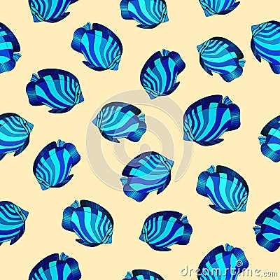 Bright blue ocean fishes on calm yellow background. Seamless tropical summer pattern. Vector Illustration