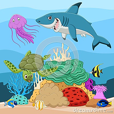 Cartoon tropical fish and beautiful underwater world with corals Vector Illustration