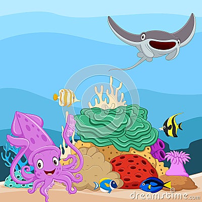 Cartoon tropical fish and beautiful underwater world with corals Vector Illustration
