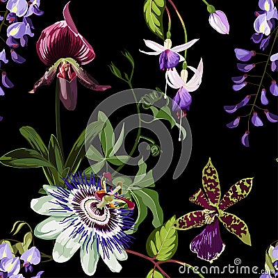 Exotic flowers seamless pattern. Tropical violet bordo orchids, passiflora, wisteria flowers and palm leaves in summer print. Vector Illustration