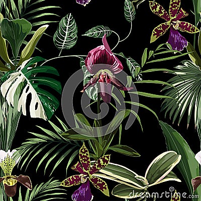 Exotic flowers seamless pattern. Tropical violet bordo orchid flowers and palm leaves in summer print. Vector Illustration