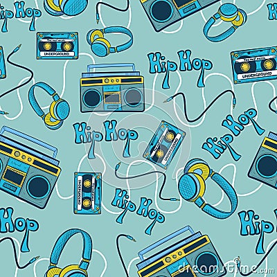 Blue hiphop seamless pattern with recorders, cassettes, headphones and cables. Repetitive background with hip hop underground Vector Illustration