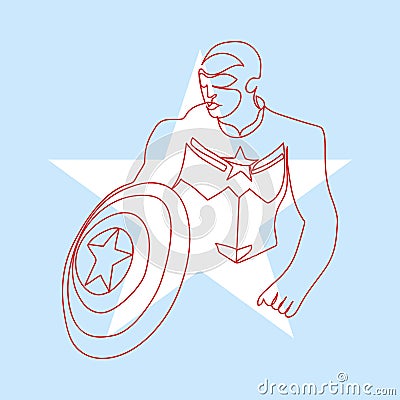 Man holding a shield in red line art drawing on blue background and star sillhouette Vector Illustration