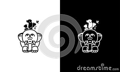 Creative logo design graphics. Dog, Cat, Elephant, Rabbit and Bird vector template on black and white backg Vector Illustration