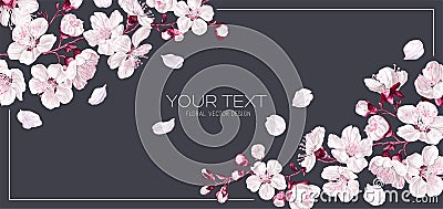 Spring banner with apricot flowers blooming branches. Vector Illustration