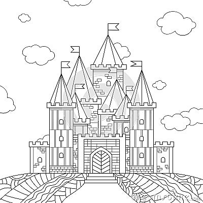 Line drawn fantasy castle with simple stone pattern. Towers with flags and small windows, sky, field, clouds. Vector Illustration