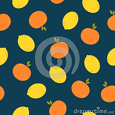 Simple lemons and oranges on dark blue background. Seamless citrus summer flat pattern. Vector Illustration