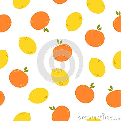 Simple lemons and oranges on white background. Seamless citrus summer flat pattern. Vector Illustration