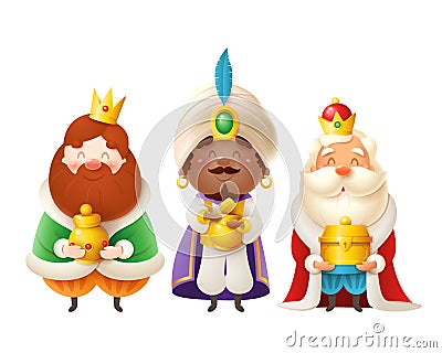 Cute Three Wise men with gifts celebrate Epiphany - Three kings Gaspar, Melchior and Balthazar vector illustration isolated on whi Vector Illustration