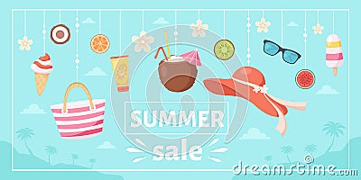 Summer sale. Beach hat, pina colada, sunglasses, sunscreen, tropical flower, ice cream and fruits. Vector illustration Vector Illustration