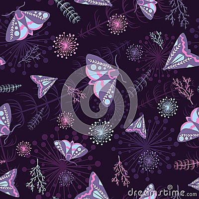 Moths and plants seamless pattern with occult and bohemian theme and pink blue colors. Repeat background with night butterflies Vector Illustration
