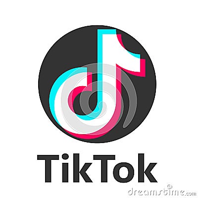 Tik Tok popular social media logo icon colored blue pink white abstract vector flat simple illustration isolated white Cartoon Illustration