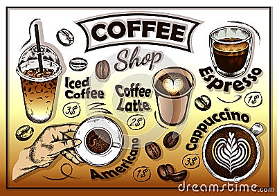 Coffee shop poster with sketch coffee drinks. Iced coffee, americano, espresso, coffee latte, cappuccino Vector Illustration