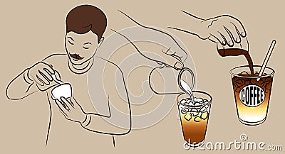 Sketch drawing icon set of man making coffee, line art barista, outline cup with iced latte. Vector Illustration