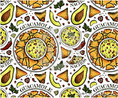 Sketch drawing pattern of colorful avocado slices, guacamole, nachos, corn chips, chili pepper. Mexican food wallpaper Vector Illustration