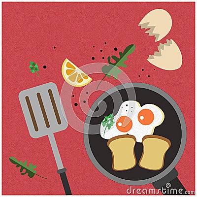 Vector illustration of breackfast on a red background. Illustration of eggs and toasts Vector Illustration