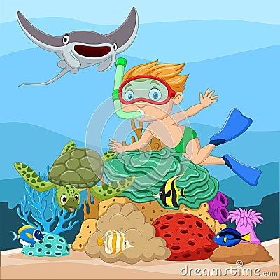 Cartoon little boy diving in underwater tropical sea Vector Illustration