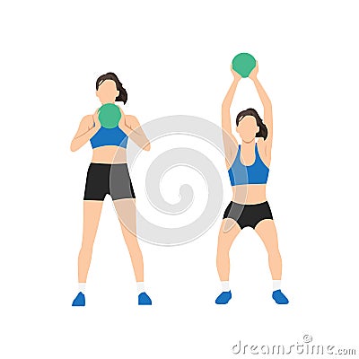 Woman doing Overhead ball squats exercise. Vector Illustration