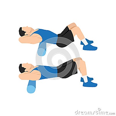 Man doing Foam roller upper back stretch exercise. Vector Illustration