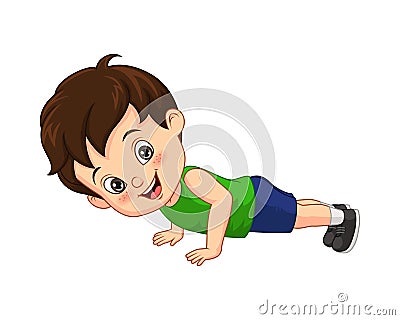 Cartoon little boy doing push up Vector Illustration