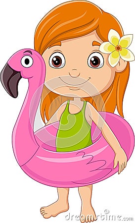 Cartoon little girl with flamingo inflatable ring Vector Illustration