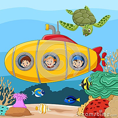 Cartoon happy kids in submarine underwater journey Vector Illustration