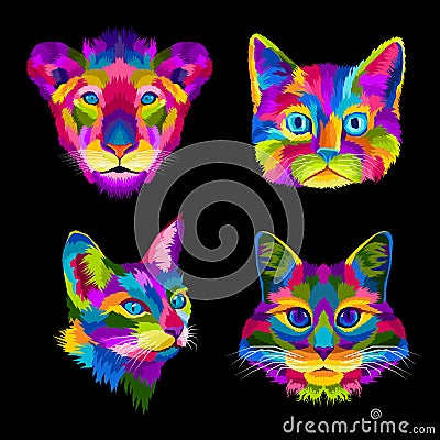 New collection colorful animal head pets pop art portrait Vector Illustration