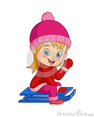 Cute little girl sledding down a hill Vector Illustration