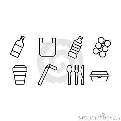 Single Use Disposable Plastic Items Icons and Symbols Vector Illustration
