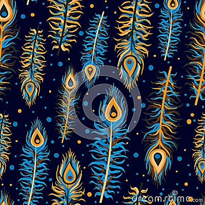 Turquoise and golden yellow colors with cold effect. Winter seamless pattern with bohemian and hippie peacock feathers. Vector Illustration