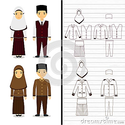 Indonesian moslem school students uniform including sketches for junior Vector Illustration