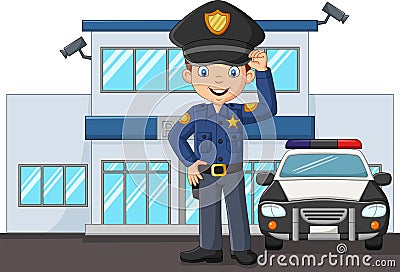Cartoon policeman standing in city police department building Vector Illustration