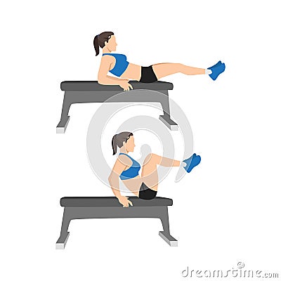 Woman doing Seated Bench leg pull ins. Flat bench knee ups exercise Vector Illustration