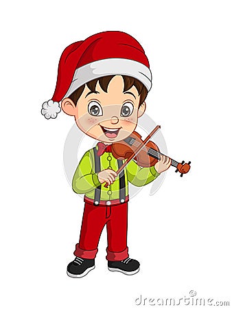 Cartoon little boy wearing christmas costume playing violin Vector Illustration