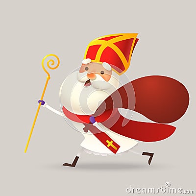 Cute Saint Nicholas or Sinterklaas running to town with gift bag - vector illustration Vector Illustration