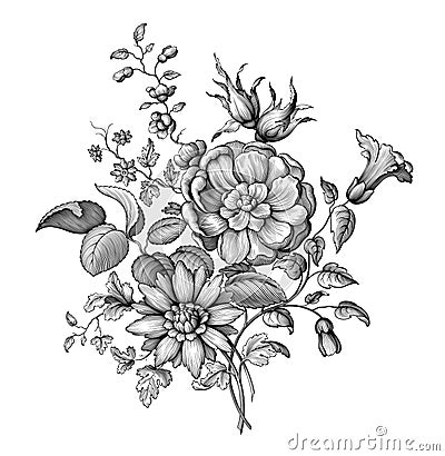 Rose peony flowers Baroque floral Victorian ornament vintage botanical vector engraved spring autumn garden frame border Vector Illustration