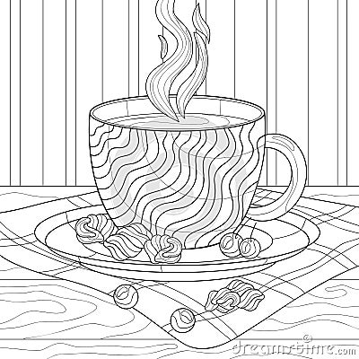 A cup of tea or coffee with wavy patterns, marshmallows, cherries on tablecloth, wooden table. Vector Illustration
