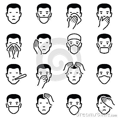 Man face illness disease flu medical healthcare emoticons icon collection - vector outline illustration Vector Illustration