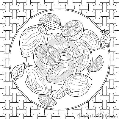 Lemons whole and sliced with leaves on a plate, tablecloth with simple pattern. Summer doodle fruit illustration. Cartoon Illustration