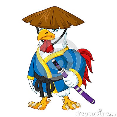 Cartoon samurai rooster holding a sword Vector Illustration