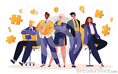 Men and women in suits invite to become part of their team. Vector Illustration