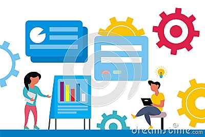 Illustration vector graphic of two people analyzing and designing a computer program, showing graphs and diagrams Vector Illustration