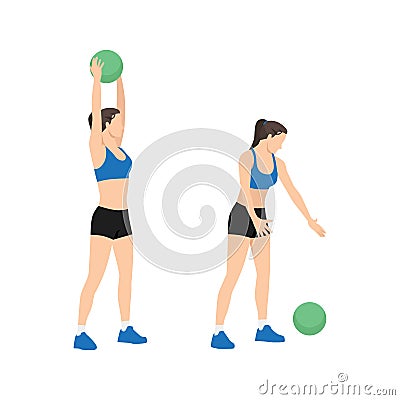 Woman doing Medicine ball slams exercise. Flat vector Vector Illustration