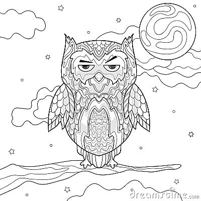 Dissatisfied owl with different patterns on a branch, night sky, moon, stars and clouds. Bird. Vector Illustration