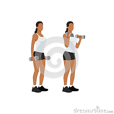 Woman doing dumbbell bicep hammer curls. Cartoon Illustration