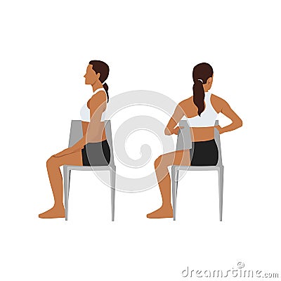 Woman doing Chair spinal twist. ardha matsyendrasana exercise Cartoon Illustration