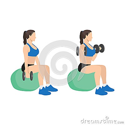 Woman doing exercise Swiss ball bicep curls with dumbbell. Vector Illustration