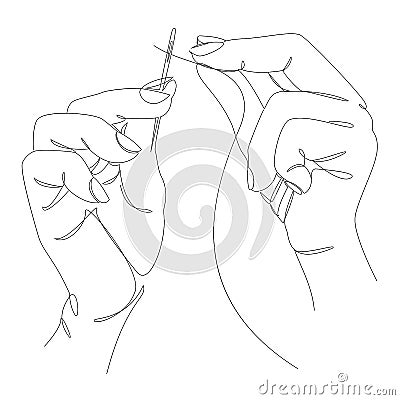 Silhouettes of hands of a man, threading into the eye of a needle in a modern style in one line. Solid line, decor sketches, poste Vector Illustration
