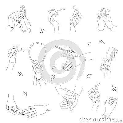 Collection. Silhouettes of human hands. Makeup, lipstick, mascara, earrings, powder, blush, comb, cream and mirror in a modern one Vector Illustration